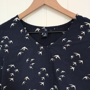 GAP Dark Blue Blouse with Cream Bird Pattern